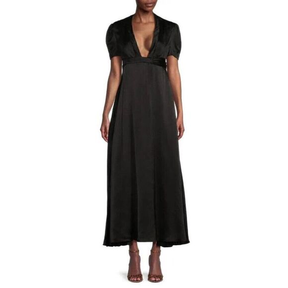VALENTINO Plunging Puff Sleeve Silk Blend Maxi Dress Black Size 40 IT US Size 4 - Picture 1 of 9